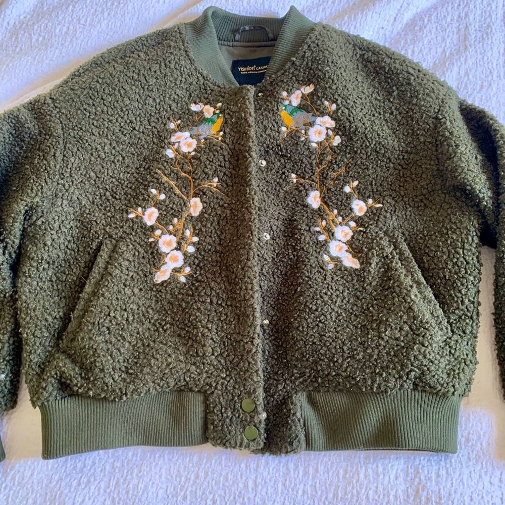 Olive Green Embroidered Bomber Jacket